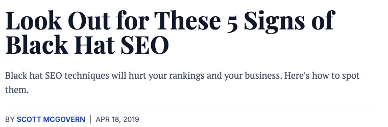 Entrepreneur article: Look Out for These 5 Signs of Black Hat SEO, by Scott McGovern